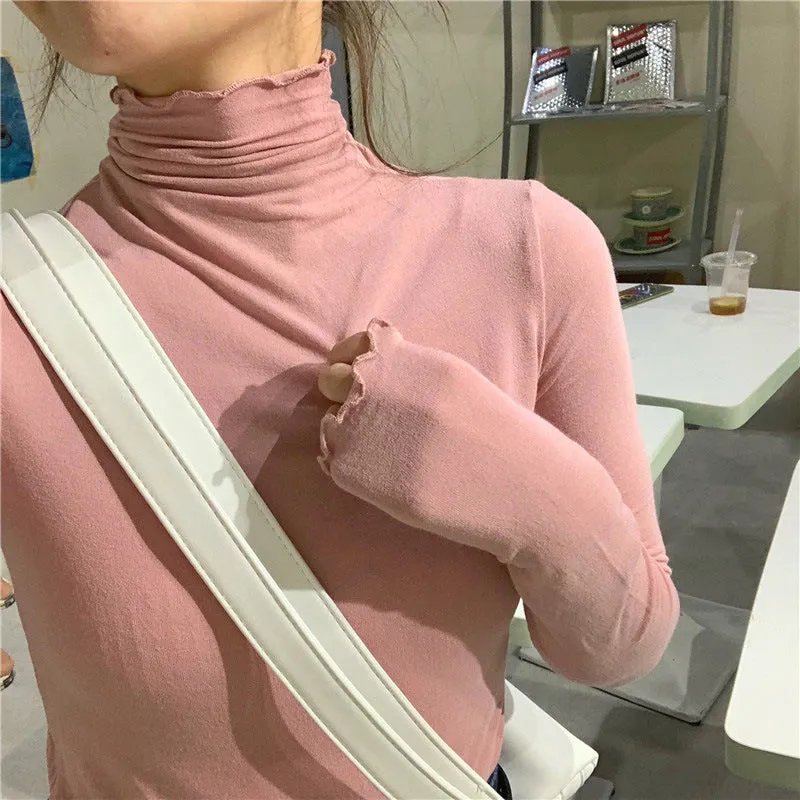 Modal Matching Fitting Ruffle Trendy Sexy Women High Collar T-Shirt