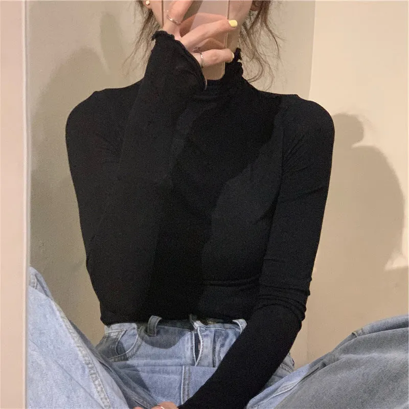 Modal Matching Fitting Ruffle Trendy Sexy Women High Collar T-Shirt