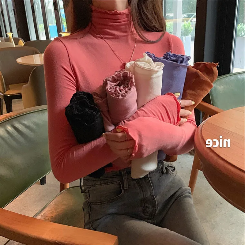 Modal Matching Fitting Ruffle Trendy Sexy Women High Collar T-Shirt