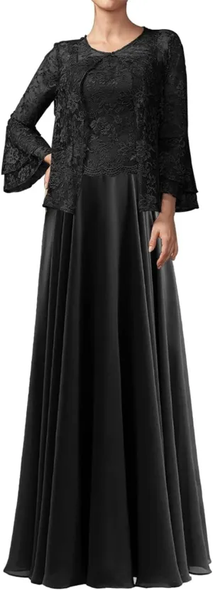 Mother of The Bride Dresess with Jacket Lace Wedding Guest Dresses for Women Chiffon Evening Gown Long Sleeve