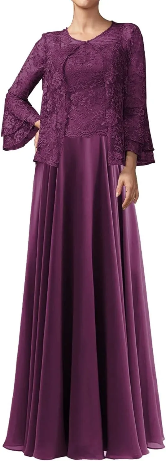 Mother of The Bride Dresess with Jacket Lace Wedding Guest Dresses for Women Chiffon Evening Gown Long Sleeve