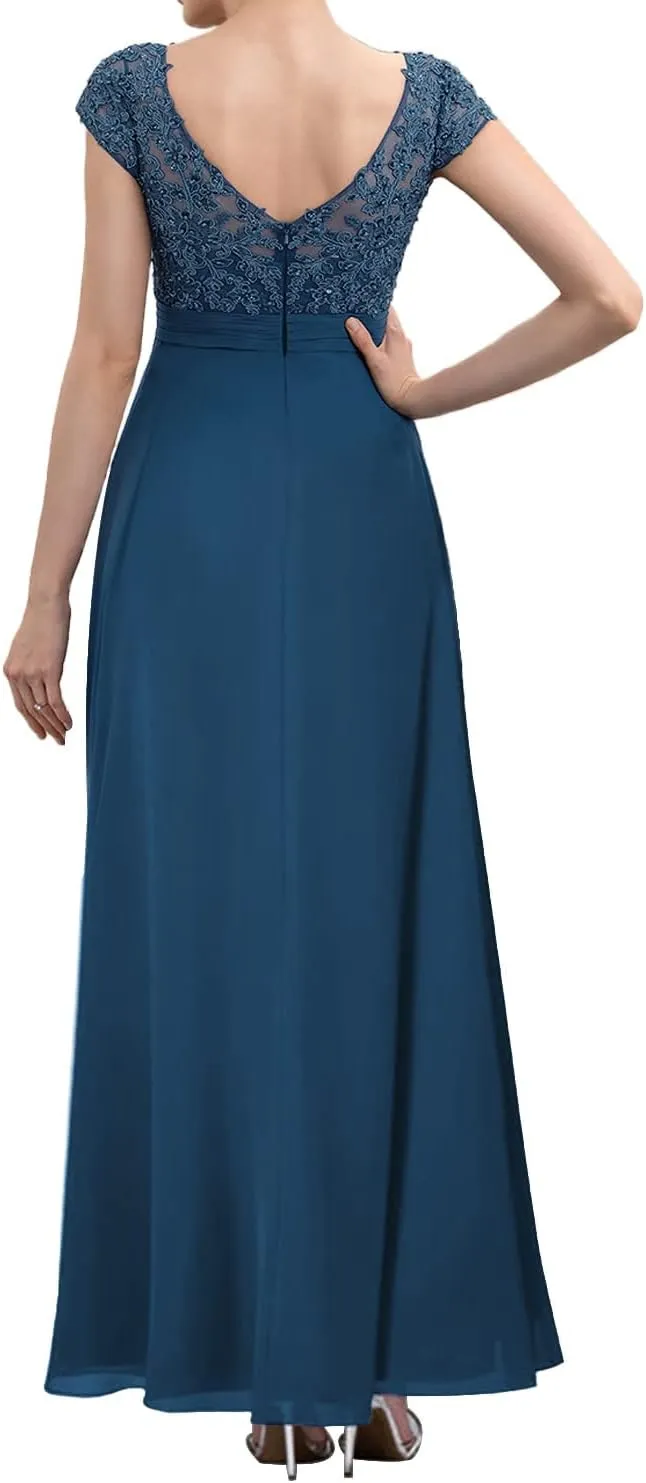Mother of The Bride Dresses Chiffon Pleated Evening Gown Cap Sleeve Chiffon Formal Evening Dress V Neck