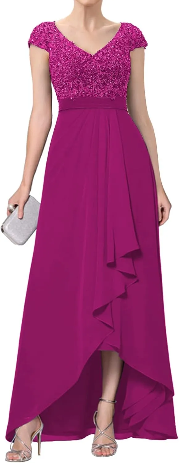 Mother of The Bride Dresses Chiffon Pleated Evening Gown Cap Sleeve Chiffon Formal Evening Dress V Neck