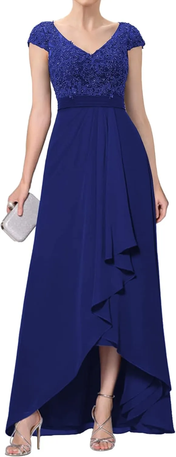 Mother of The Bride Dresses Chiffon Pleated Evening Gown Cap Sleeve Chiffon Formal Evening Dress V Neck