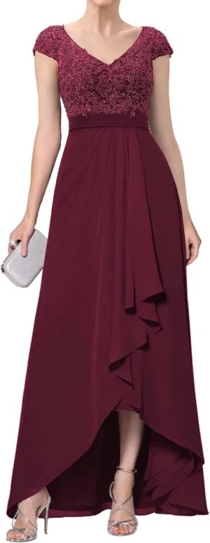 Mother of The Bride Dresses Chiffon Pleated Evening Gown Cap Sleeve Chiffon Formal Evening Dress V Neck