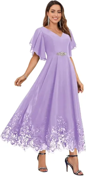 Mother of The Bride Dresses with Sleeves Lace V Neck Chiffon Evening Dresses for Women Tea Length