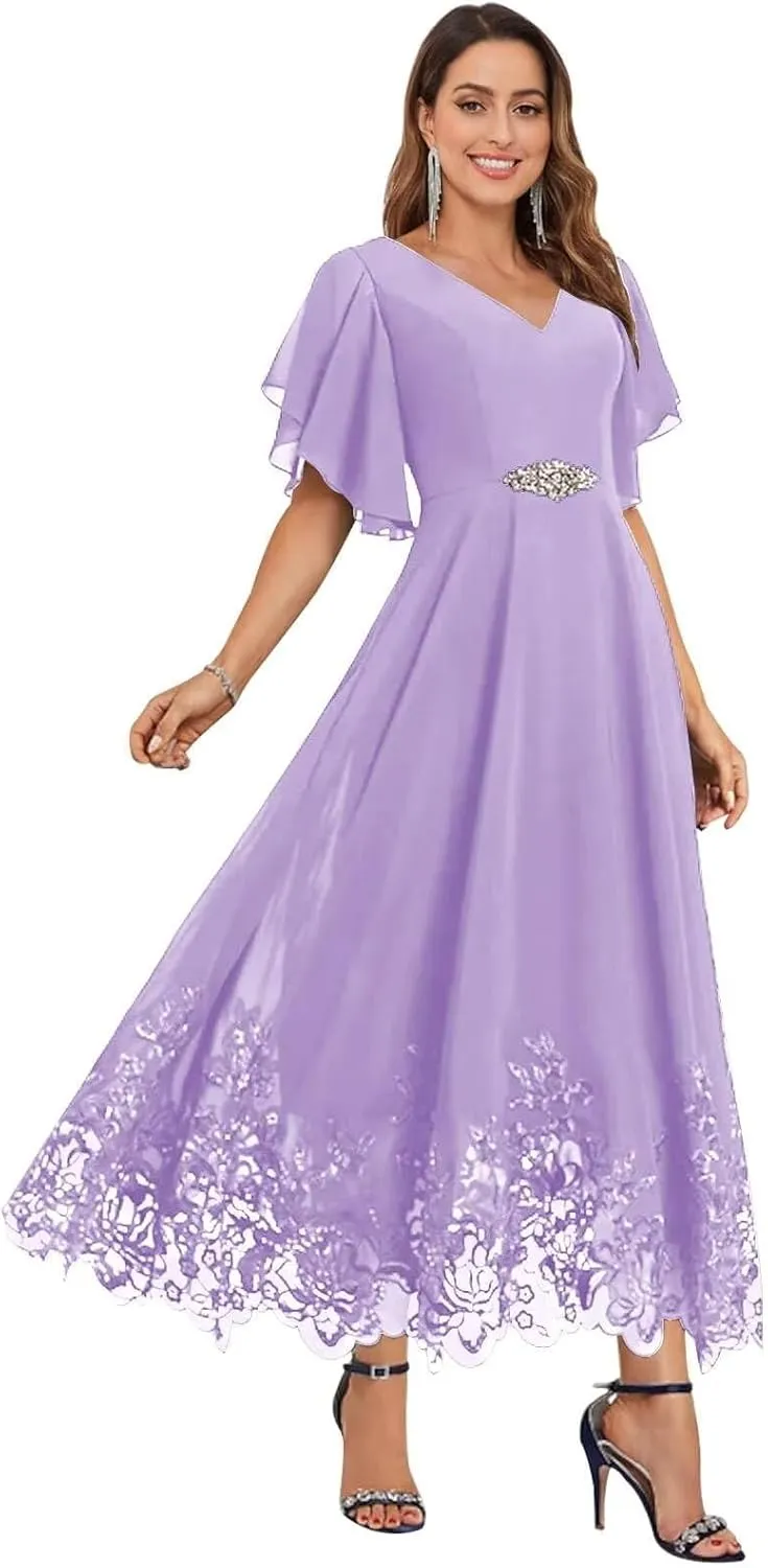 Mother of The Bride Dresses with Sleeves Lace V Neck Chiffon Evening Dresses for Women Tea Length