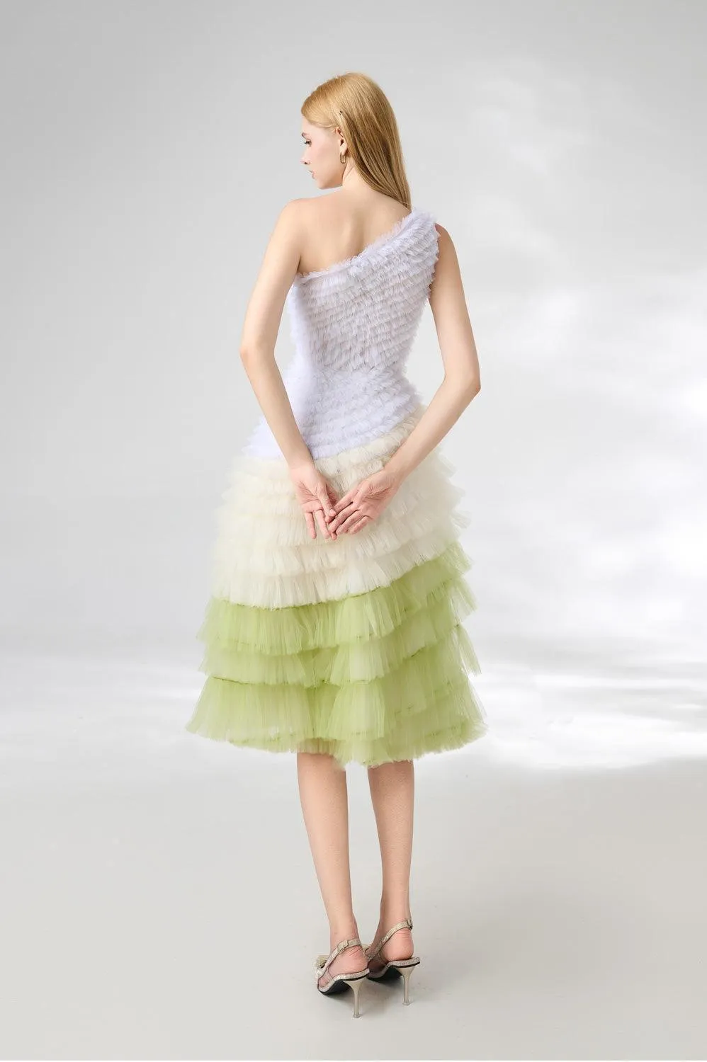 Murphy A-line One Shoulder Organza Below The Knee Dress