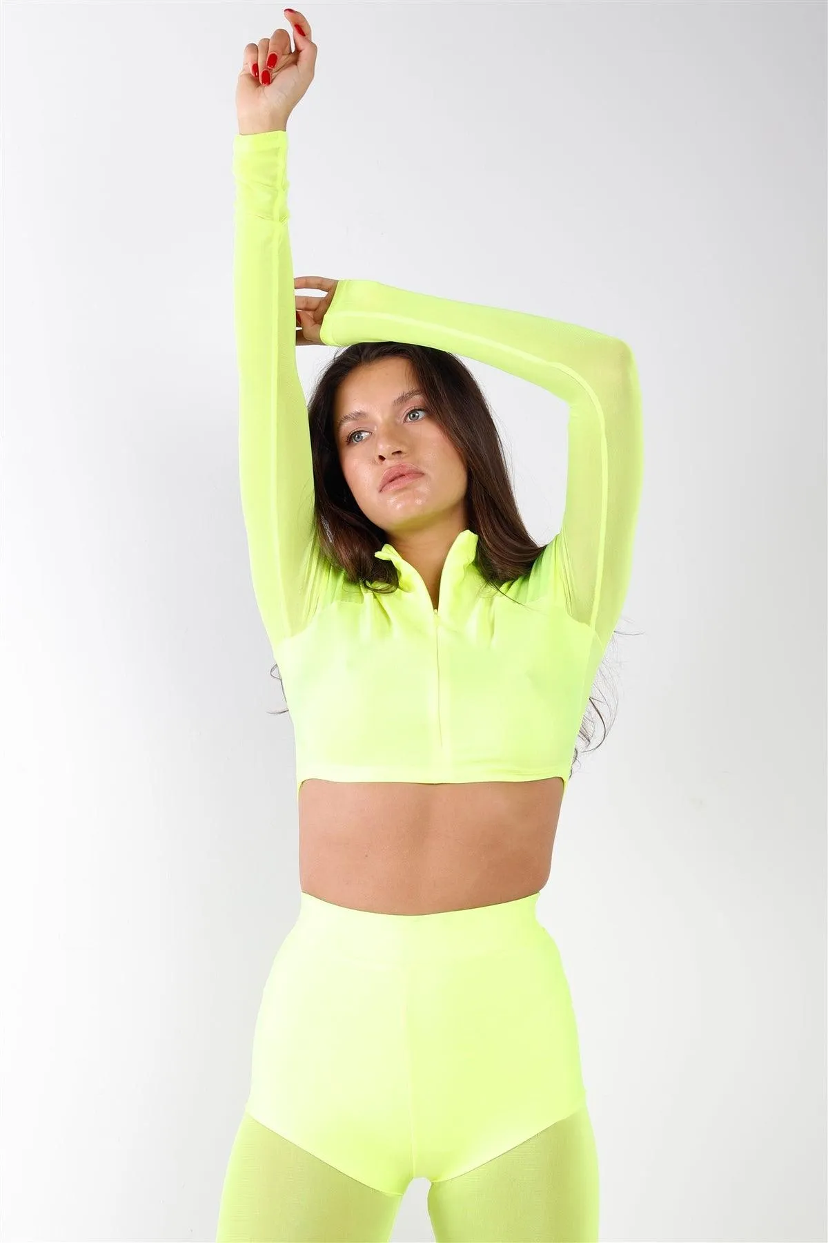 Neon Lime Green Sheer Color Block Mock Neck Top & Ankle Legging Set  /2-2-2