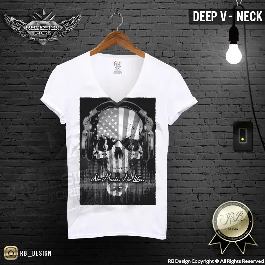 No Music No Life USA Flag Men's Skull T-shirt MD202