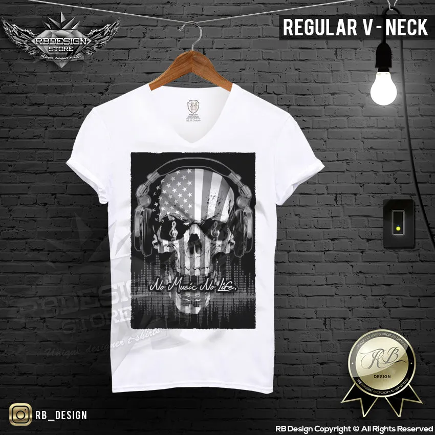 No Music No Life USA Flag Men's Skull T-shirt MD202