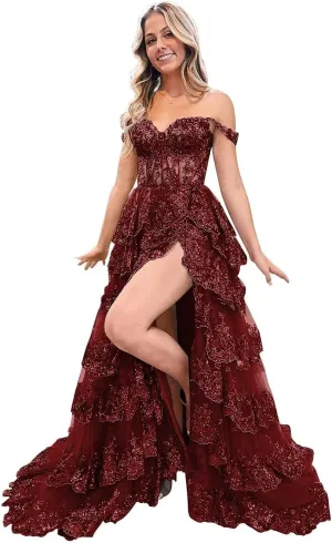 Off Shoulder Tiered Lace Prom Dresses 2025 Long Ball Gowns for Women Formal Sparkly Sequin Corset Wedding Gown with Slit