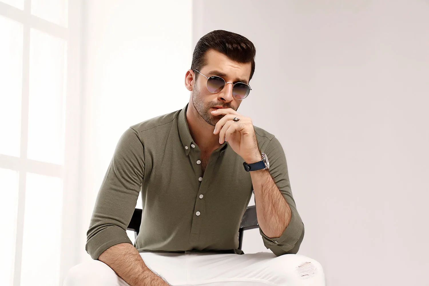 Olive High Collar Mid Placket Shirt