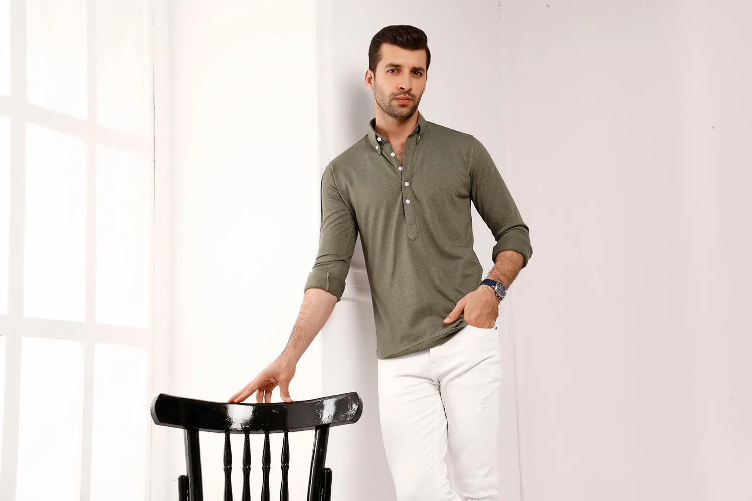 Olive High Collar Mid Placket Shirt