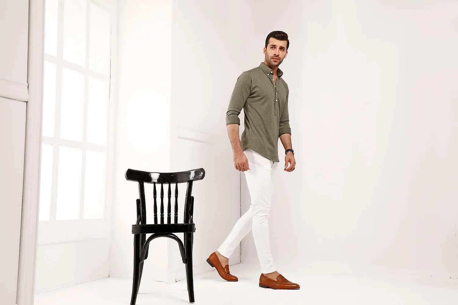 Olive High Collar Mid Placket Shirt