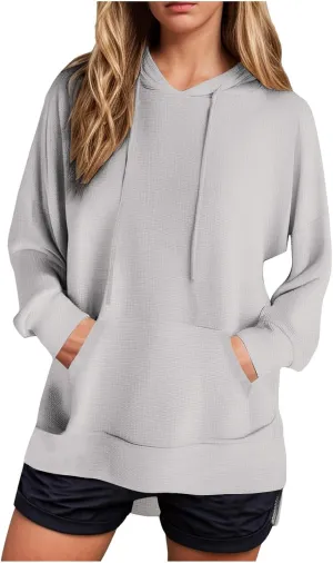 Oversized Hoodies for Women Waffle Knit Casual Long Sleeve Drawstring Side Slit Pullover Sweatshirt with Pocket