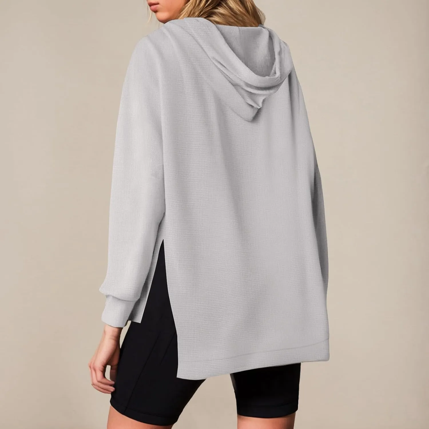 Oversized Hoodies for Women Waffle Knit Casual Long Sleeve Drawstring Side Slit Pullover Sweatshirt with Pocket