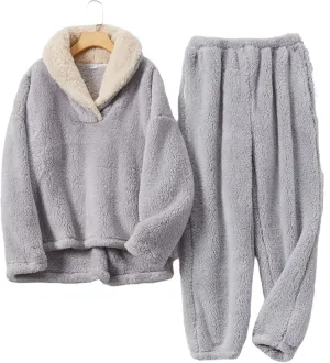 Perbai Women's Fluffy Pajamas Set Long Sleeve Fleece Pullover Pants Plush Fuzzy Loungewear