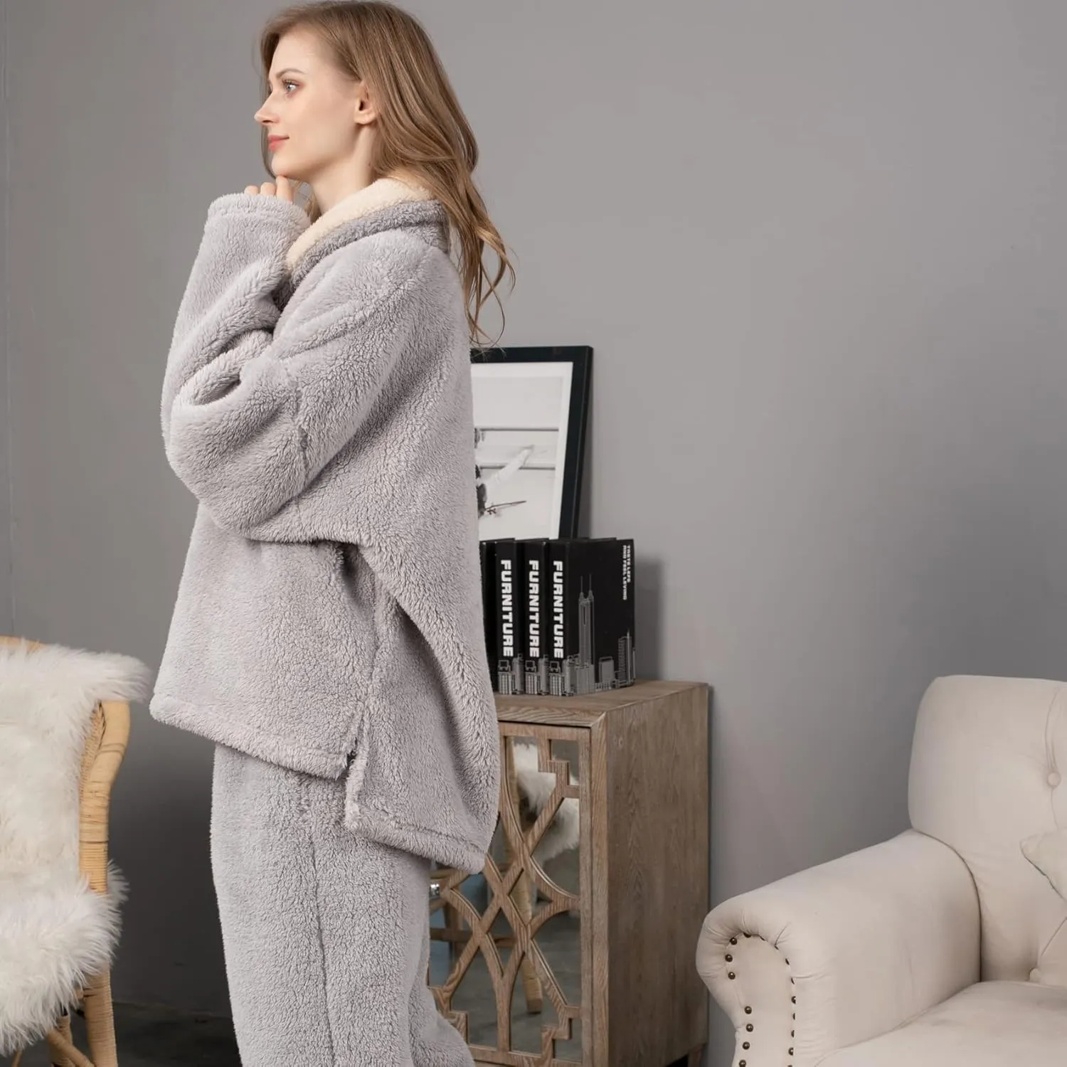 Perbai Women's Fluffy Pajamas Set Long Sleeve Fleece Pullover Pants Plush Fuzzy Loungewear