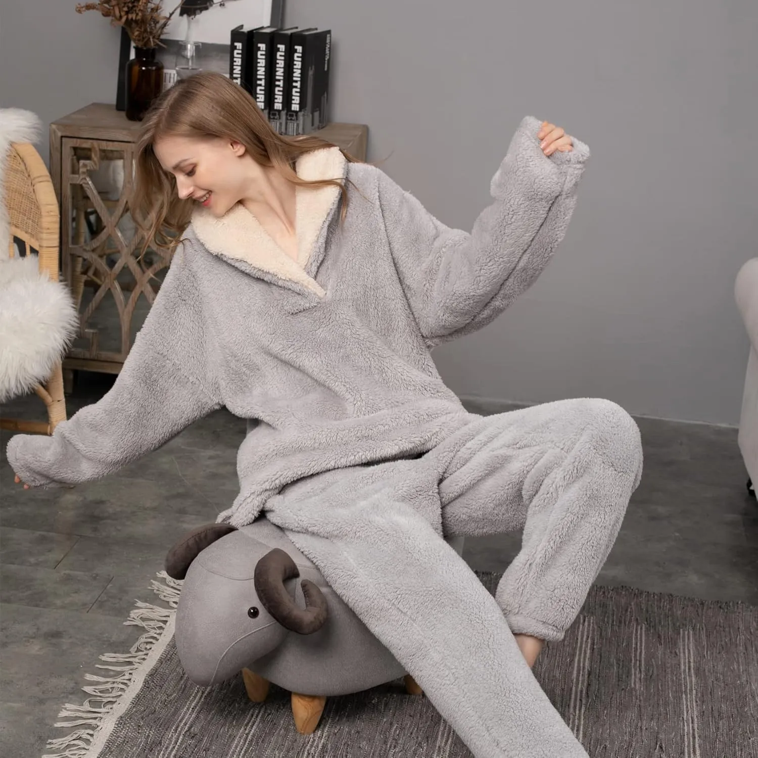 Perbai Women's Fluffy Pajamas Set Long Sleeve Fleece Pullover Pants Plush Fuzzy Loungewear