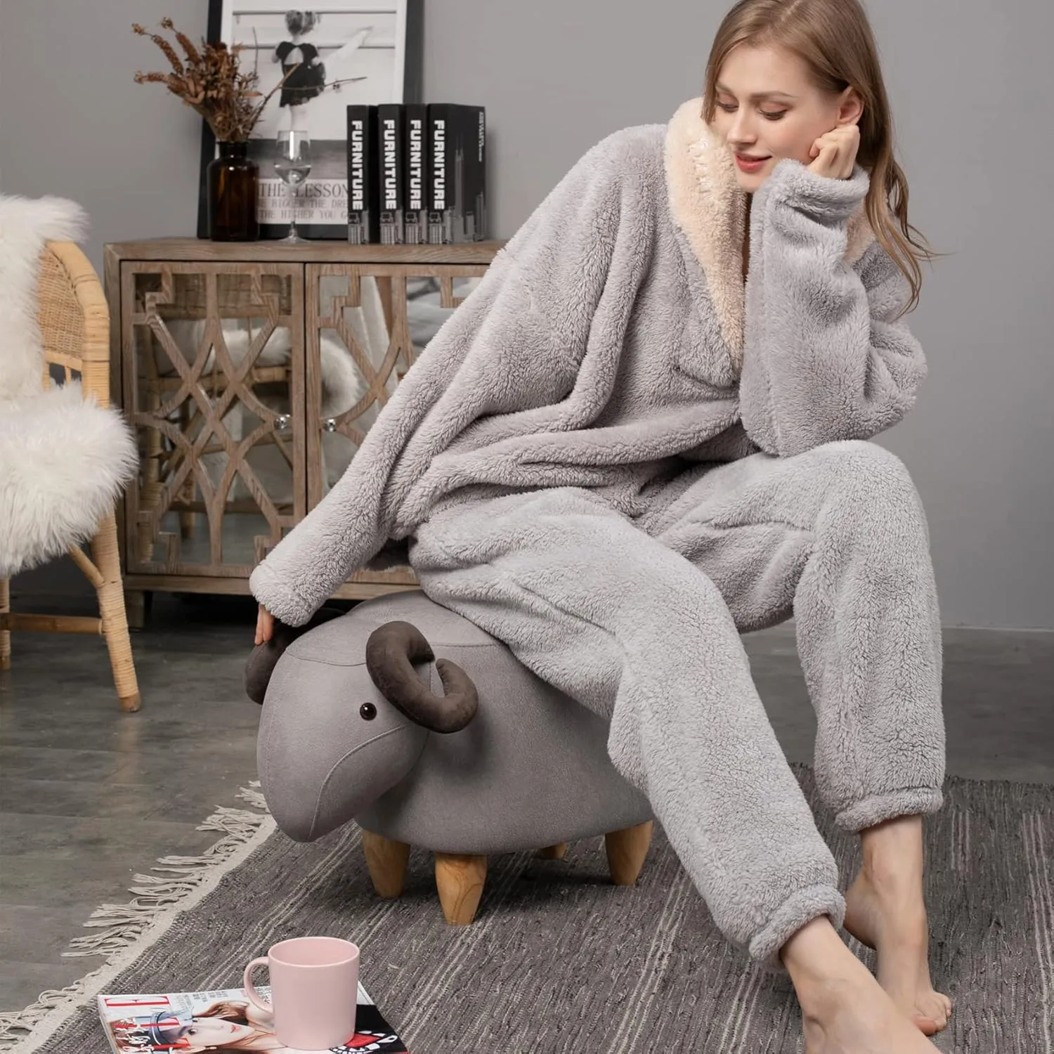 Perbai Women's Fluffy Pajamas Set Long Sleeve Fleece Pullover Pants Plush Fuzzy Loungewear