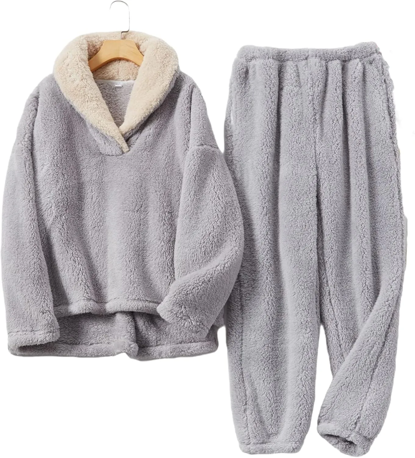 Perbai Women's Fluffy Pajamas Set Long Sleeve Fleece Pullover Pants Plush Fuzzy Loungewear