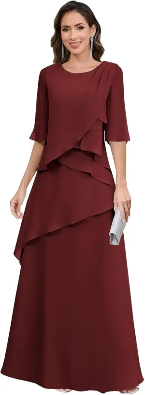 Petite Mother of The Bride Dresses for Women Ruffles Tiered Chiffon Formal Evening Gown with Sleeves