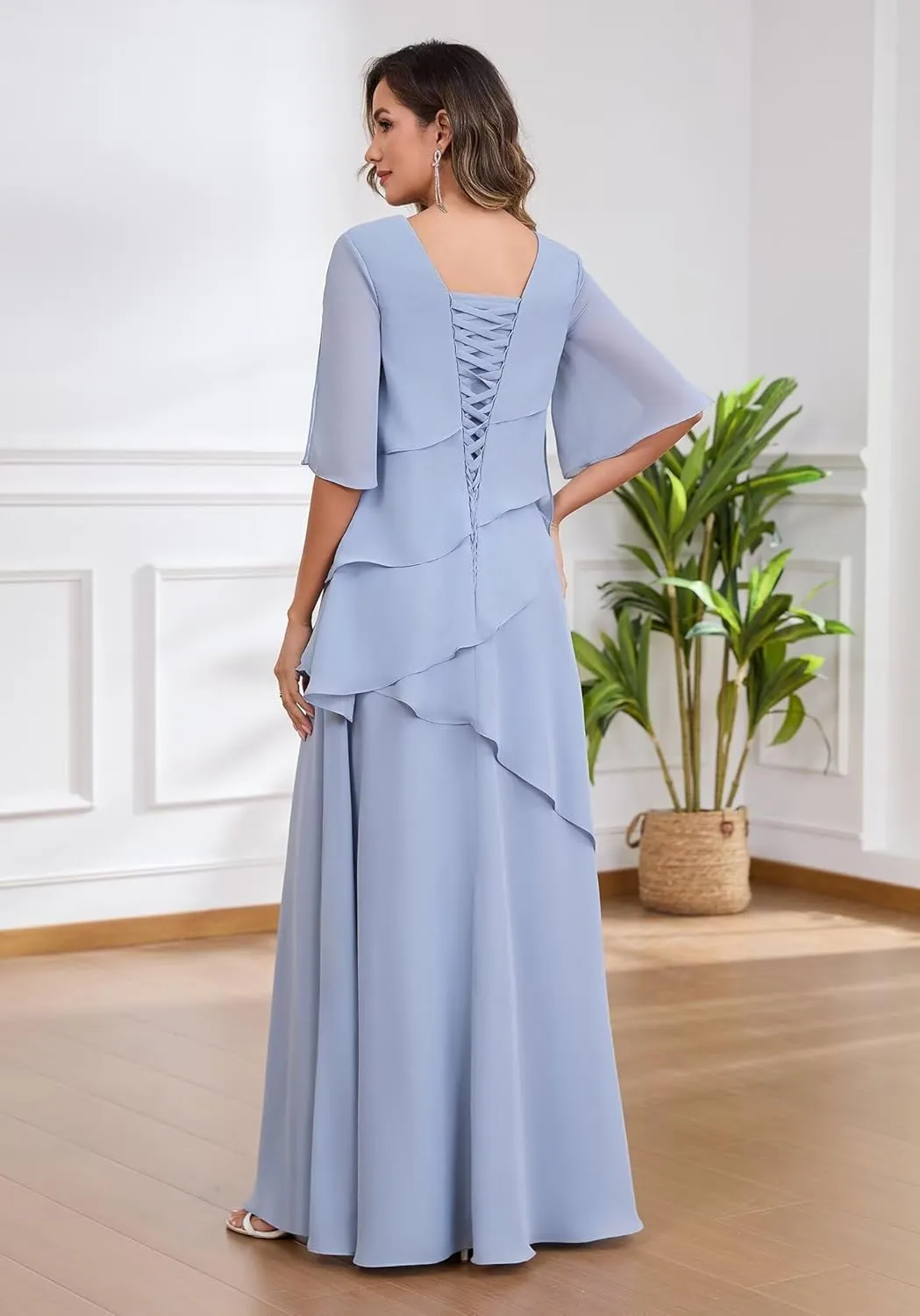 Petite Mother of The Bride Dresses for Women Ruffles Tiered Chiffon Formal Evening Gown with Sleeves