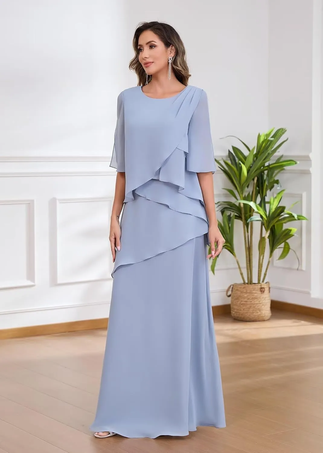 Petite Mother of The Bride Dresses for Women Ruffles Tiered Chiffon Formal Evening Gown with Sleeves