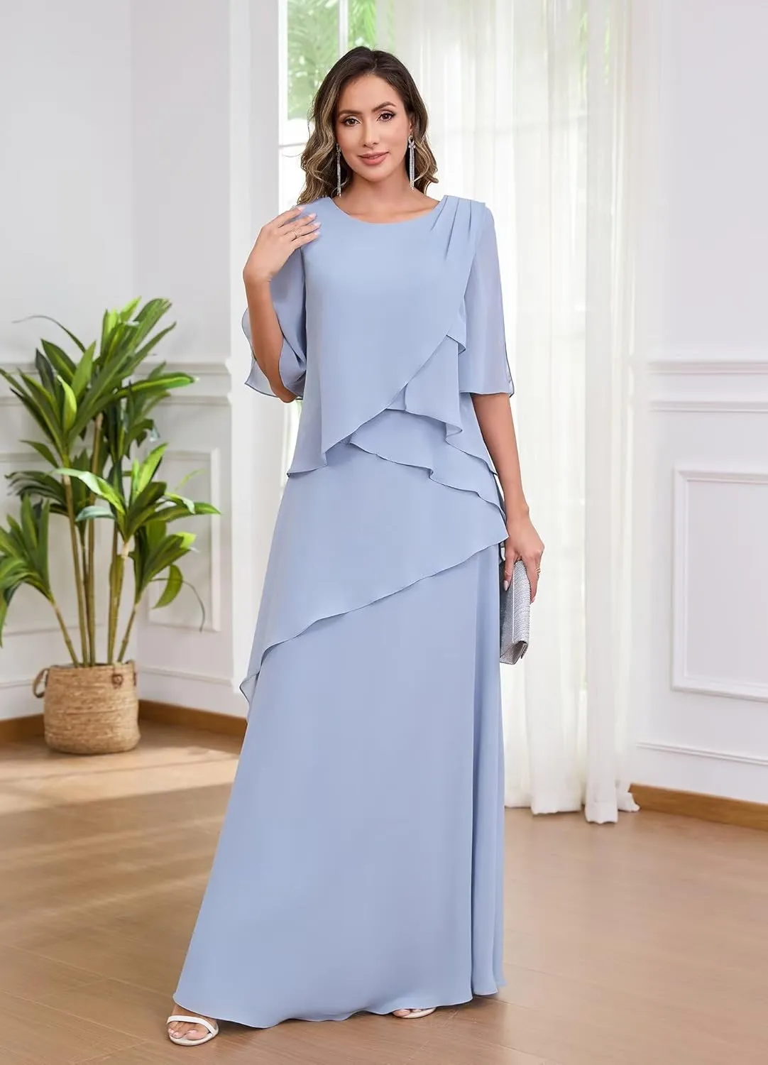 Petite Mother of The Bride Dresses for Women Ruffles Tiered Chiffon Formal Evening Gown with Sleeves