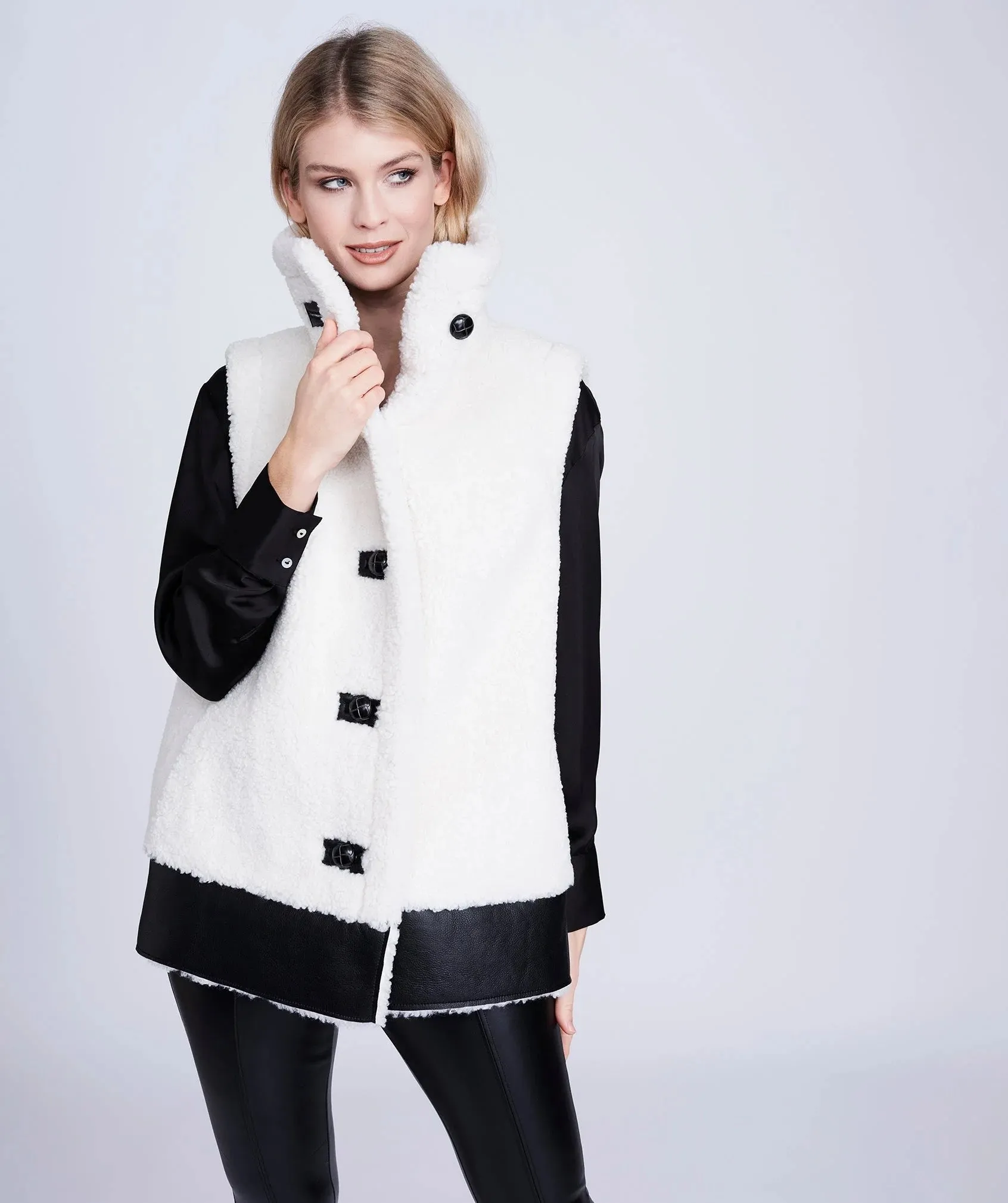 Pia Rossini Cosette Winter White Gilet with Black Faux Leather Detail (ecologically produced garment)