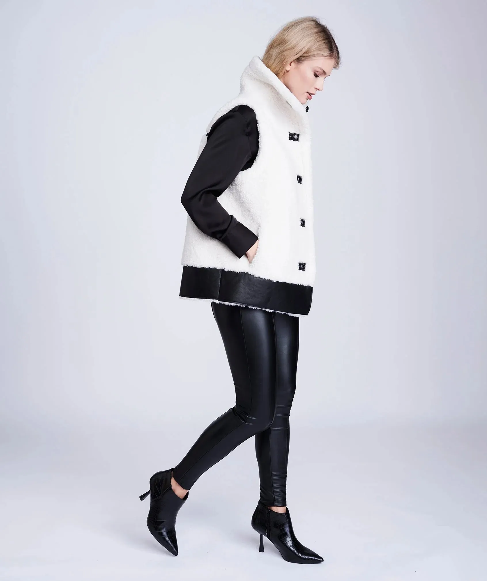 Pia Rossini Cosette Winter White Gilet with Black Faux Leather Detail (ecologically produced garment)