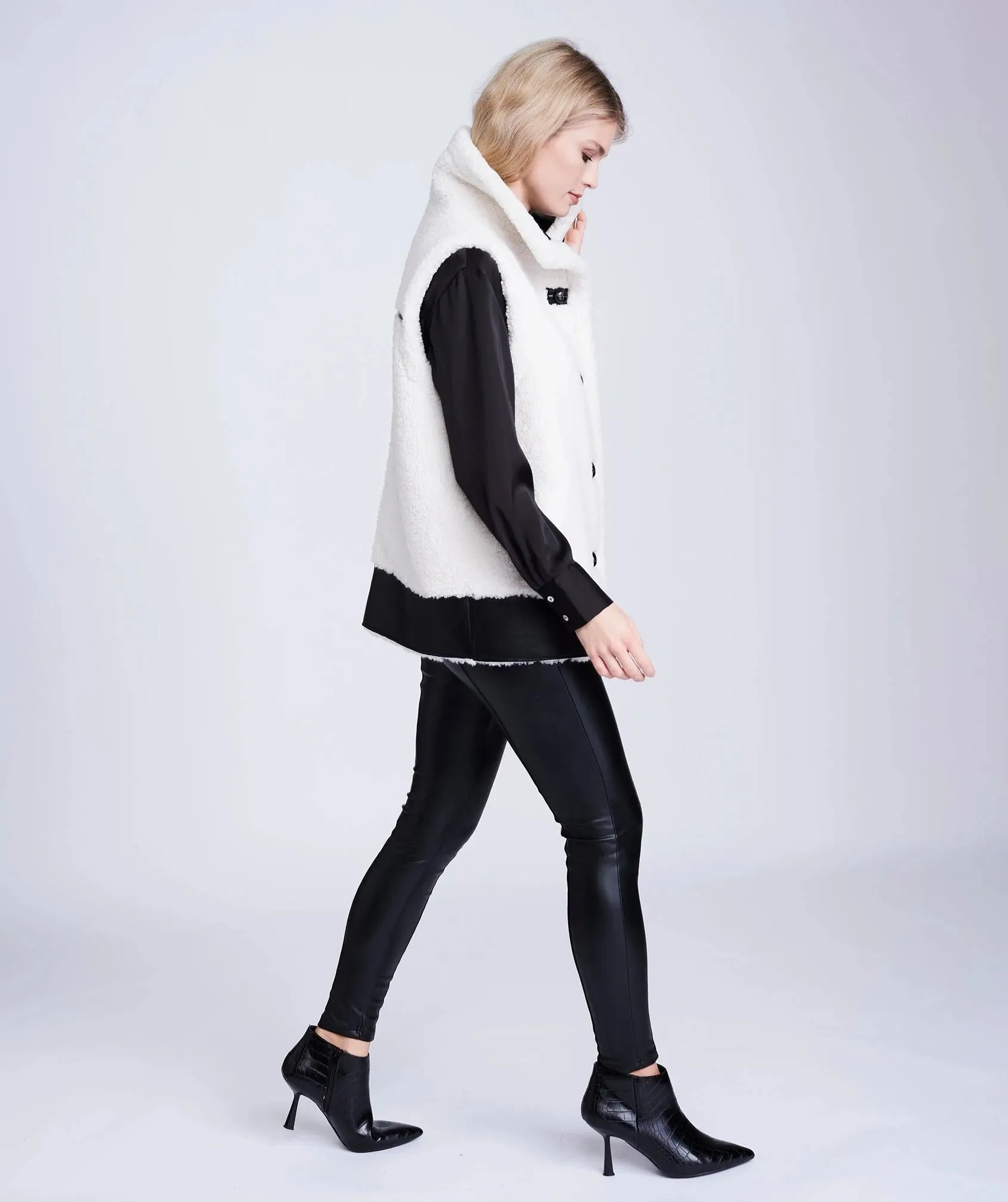 Pia Rossini Cosette Winter White Gilet with Black Faux Leather Detail (ecologically produced garment)