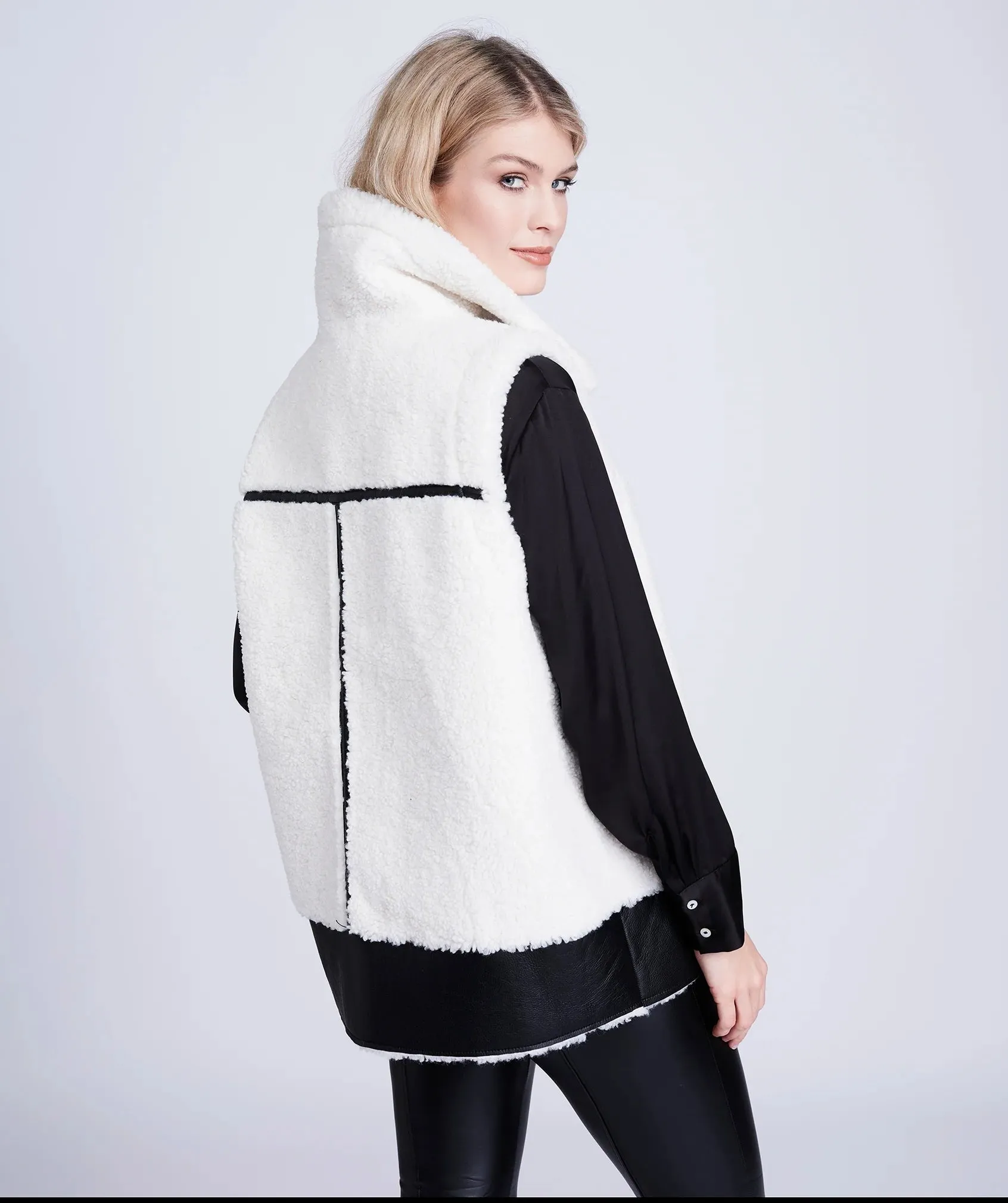 Pia Rossini Cosette Winter White Gilet with Black Faux Leather Detail (ecologically produced garment)