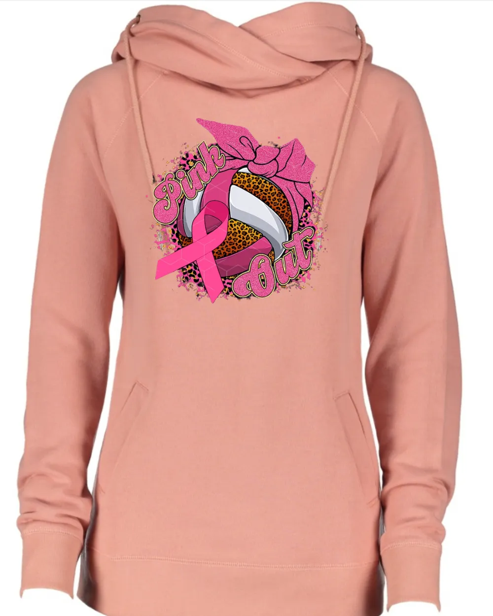 Pink Out Leo Background Volleyball Pink Out Breast Cancer Awareness Women's Cowl Double Hood Top