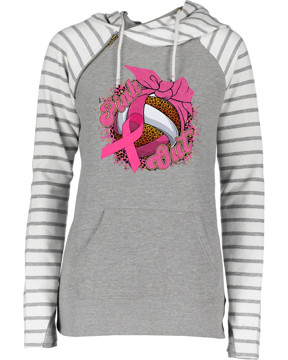 Pink Out Leo Background Volleyball Pink Out Breast Cancer Awareness Women's Cowl Double Hood Top