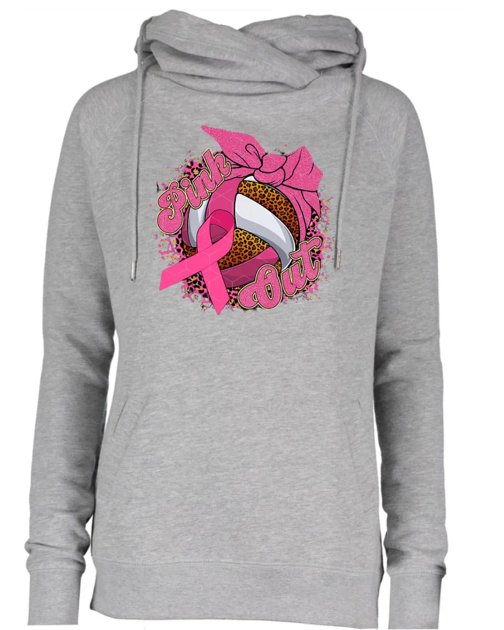 Pink Out Leo Background Volleyball Pink Out Breast Cancer Awareness Women's Cowl Double Hood Top