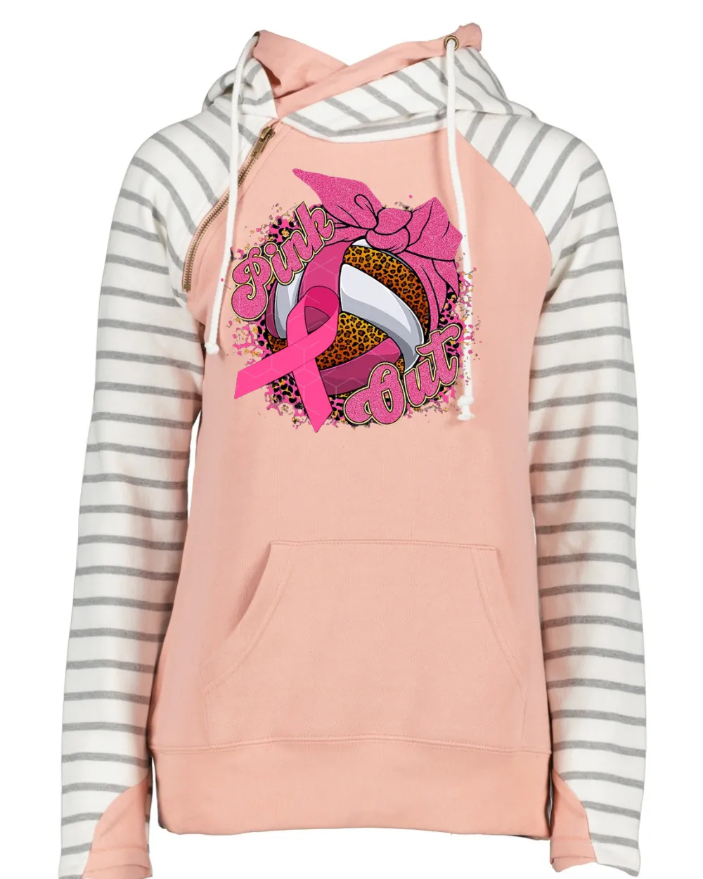 Pink Out Leo Background Volleyball Pink Out Breast Cancer Awareness Women's Cowl Double Hood Top