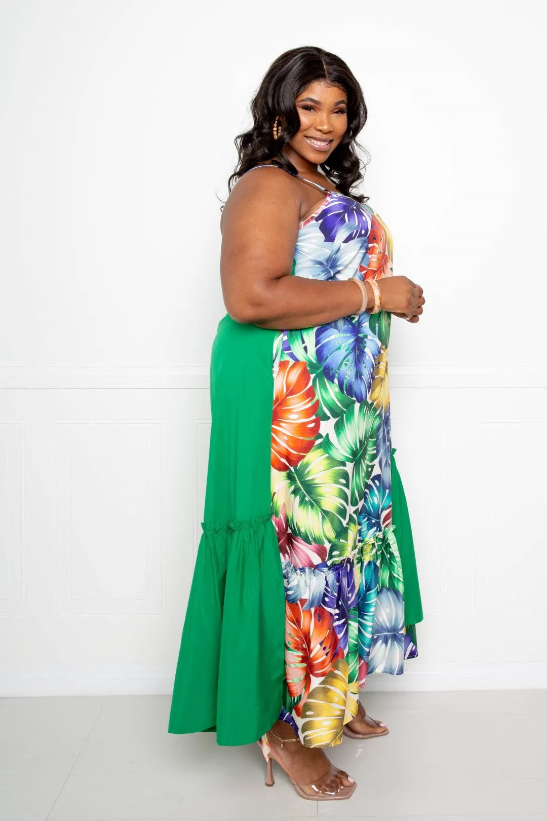 Plus Green Tropical Tiered Maxi Dress