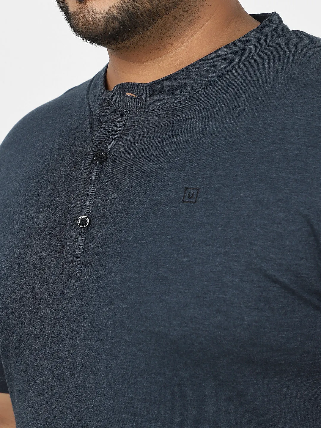 Plus Men's Navy Melange Solid Mandarin Collar Regular Fit Half Sleeve Cotton T-Shirt