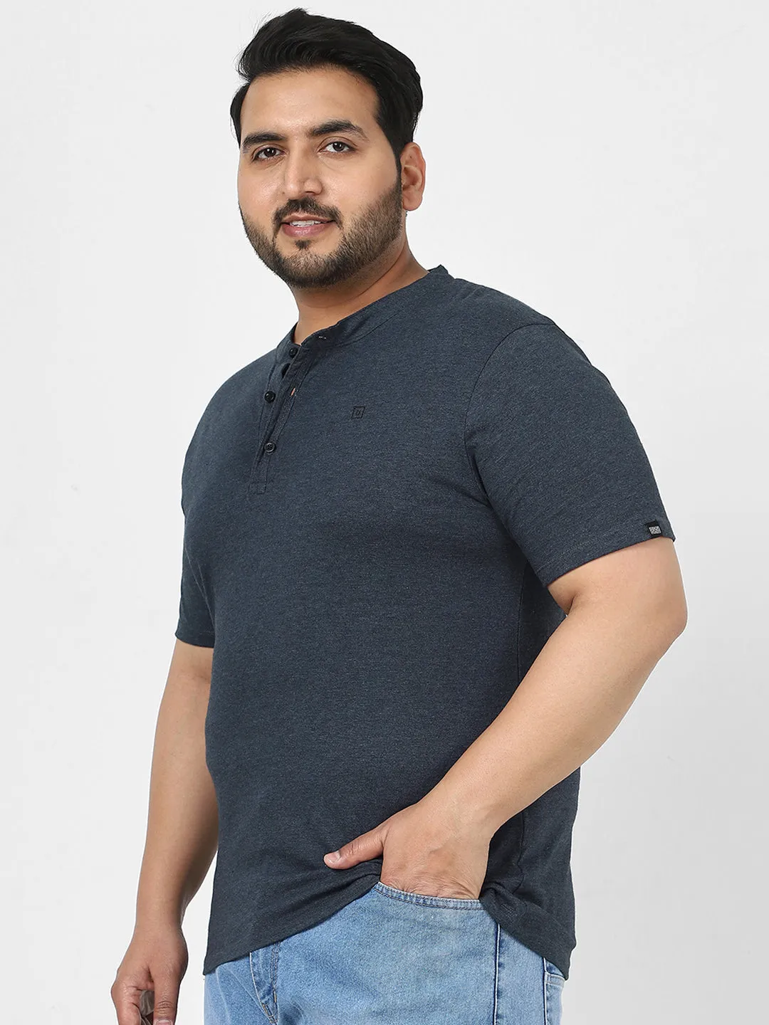 Plus Men's Navy Melange Solid Mandarin Collar Regular Fit Half Sleeve Cotton T-Shirt