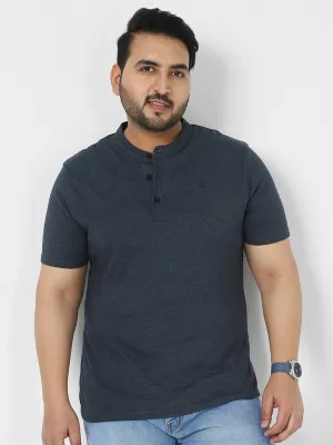 Plus Men's Navy Melange Solid Mandarin Collar Regular Fit Half Sleeve Cotton T-Shirt