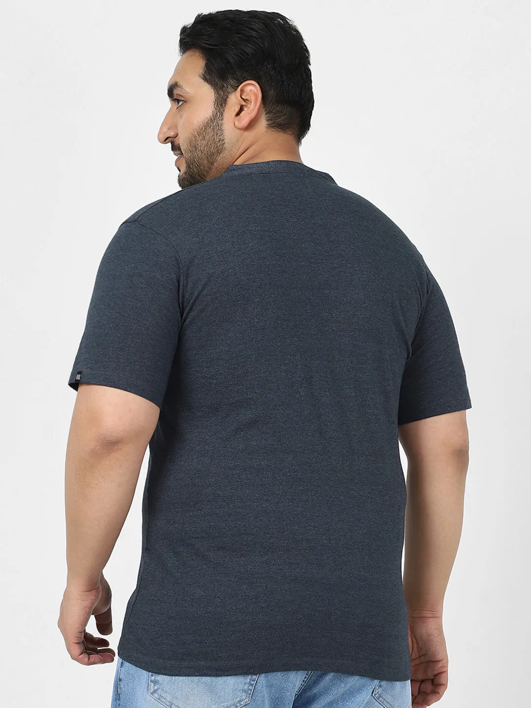 Plus Men's Navy Melange Solid Mandarin Collar Regular Fit Half Sleeve Cotton T-Shirt