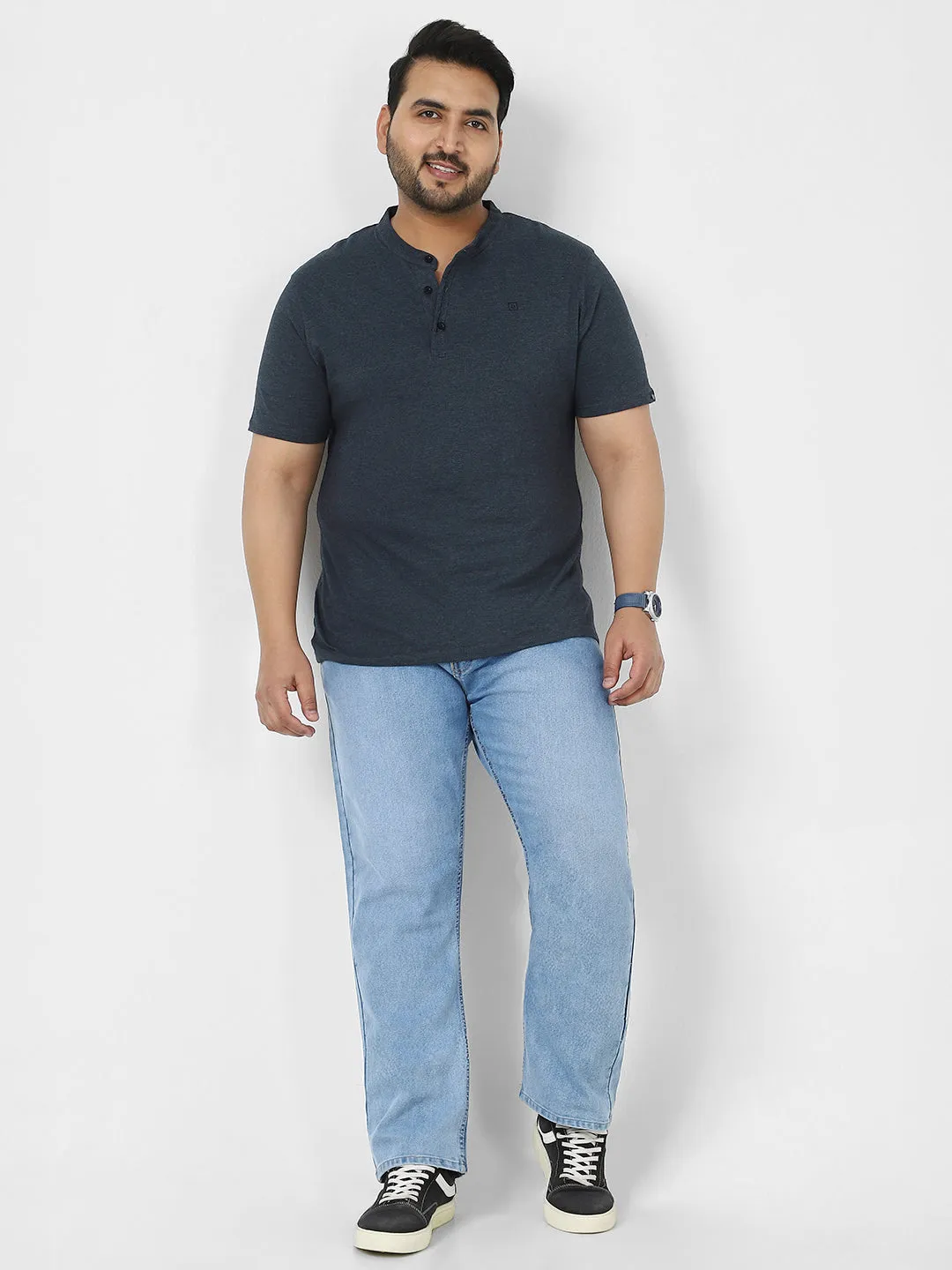 Plus Men's Navy Melange Solid Mandarin Collar Regular Fit Half Sleeve Cotton T-Shirt