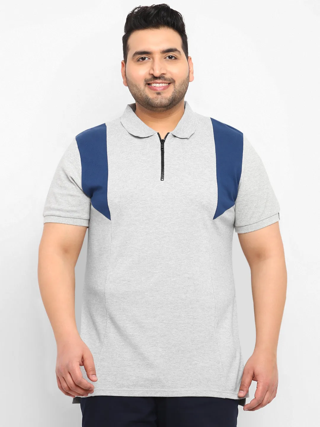 Plus Men's White, Grey Melange, Dark Blue Colour-Block Regular Fit Half Sleeve Cotton Polo T-Shirt