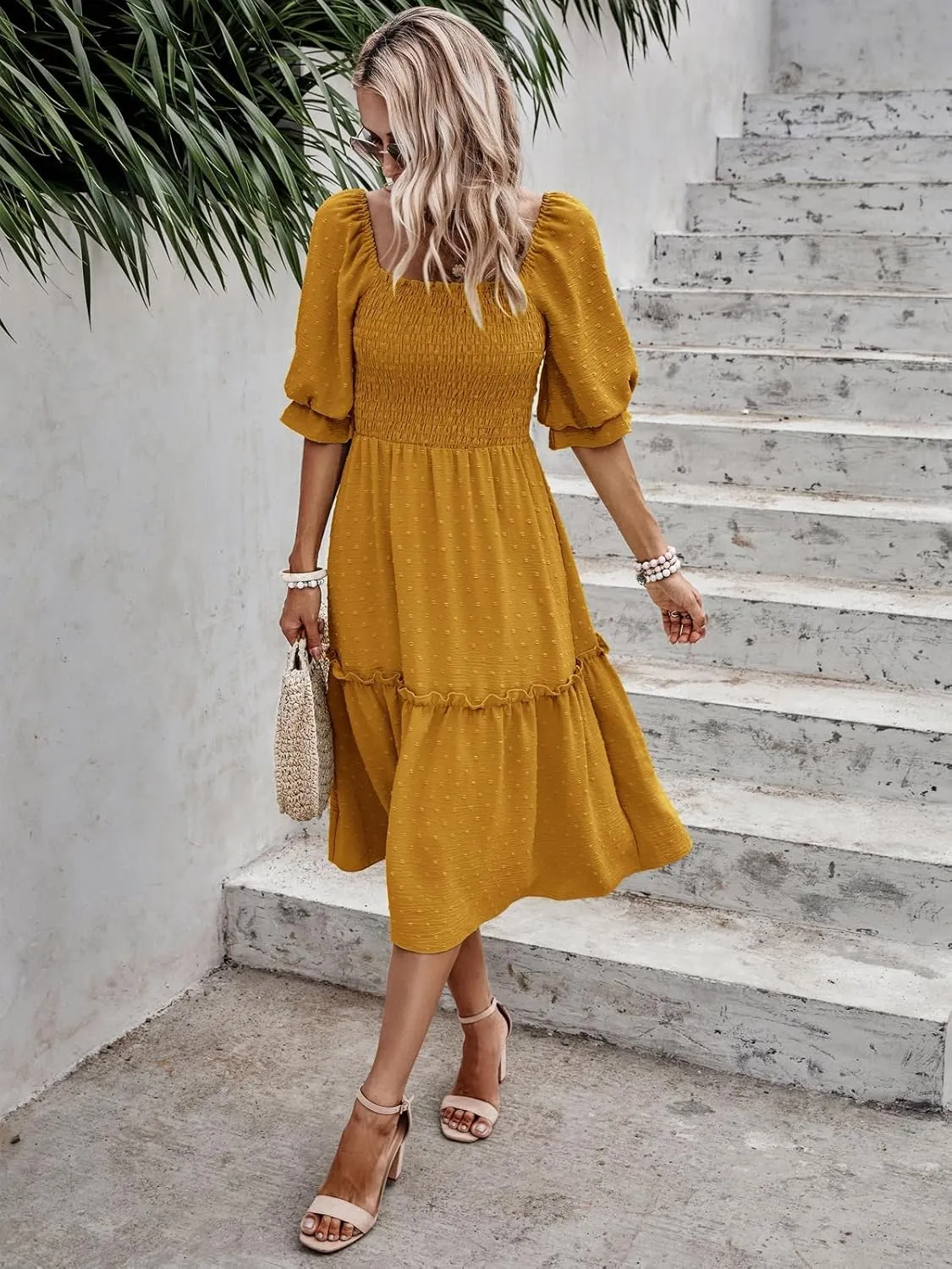 PRETTYGARDEN Women's Summer Casual Dresses 2025 Spring Puff Sleeve Square Neck A-line Flowy Boho Floral Smocked Midi Dress