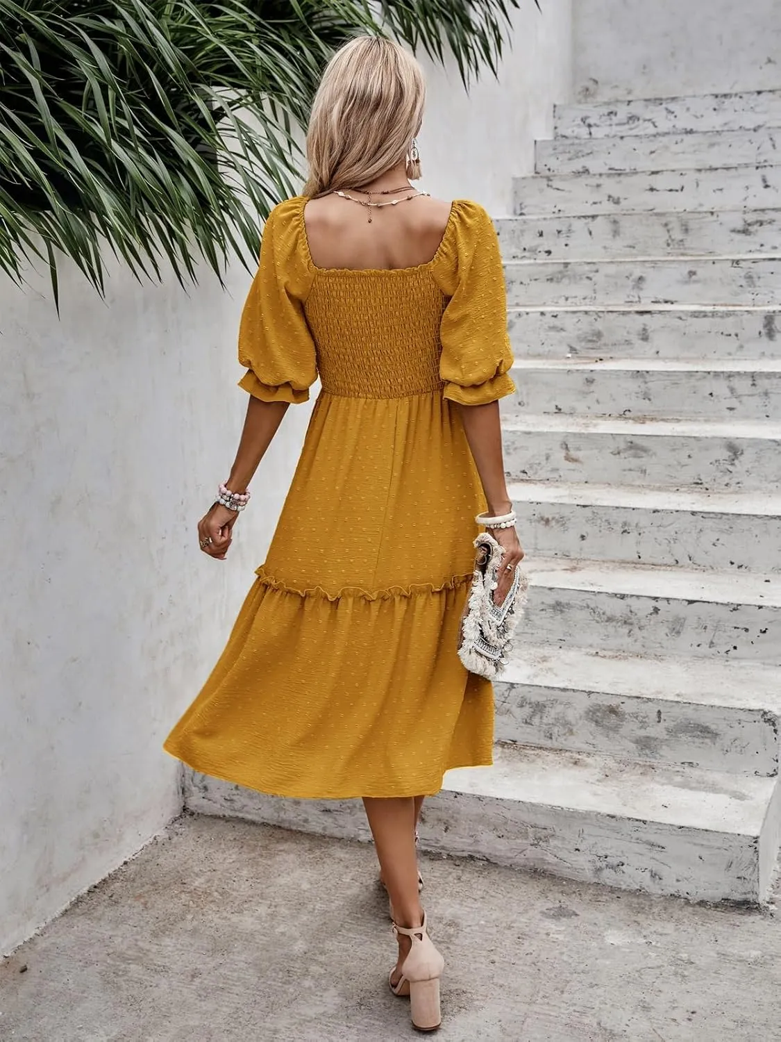 PRETTYGARDEN Women's Summer Casual Dresses 2025 Spring Puff Sleeve Square Neck A-line Flowy Boho Floral Smocked Midi Dress