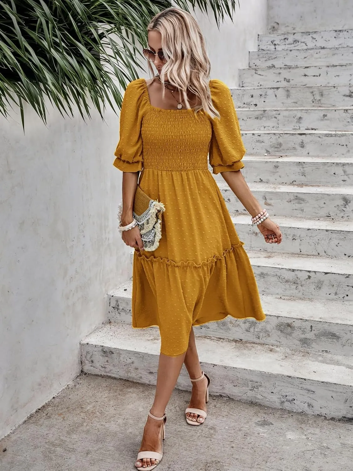 PRETTYGARDEN Women's Summer Casual Dresses 2025 Spring Puff Sleeve Square Neck A-line Flowy Boho Floral Smocked Midi Dress