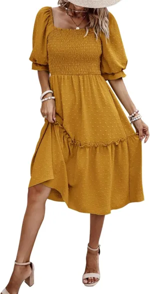PRETTYGARDEN Women's Summer Casual Dresses 2025 Spring Puff Sleeve Square Neck A-line Flowy Boho Floral Smocked Midi Dress
