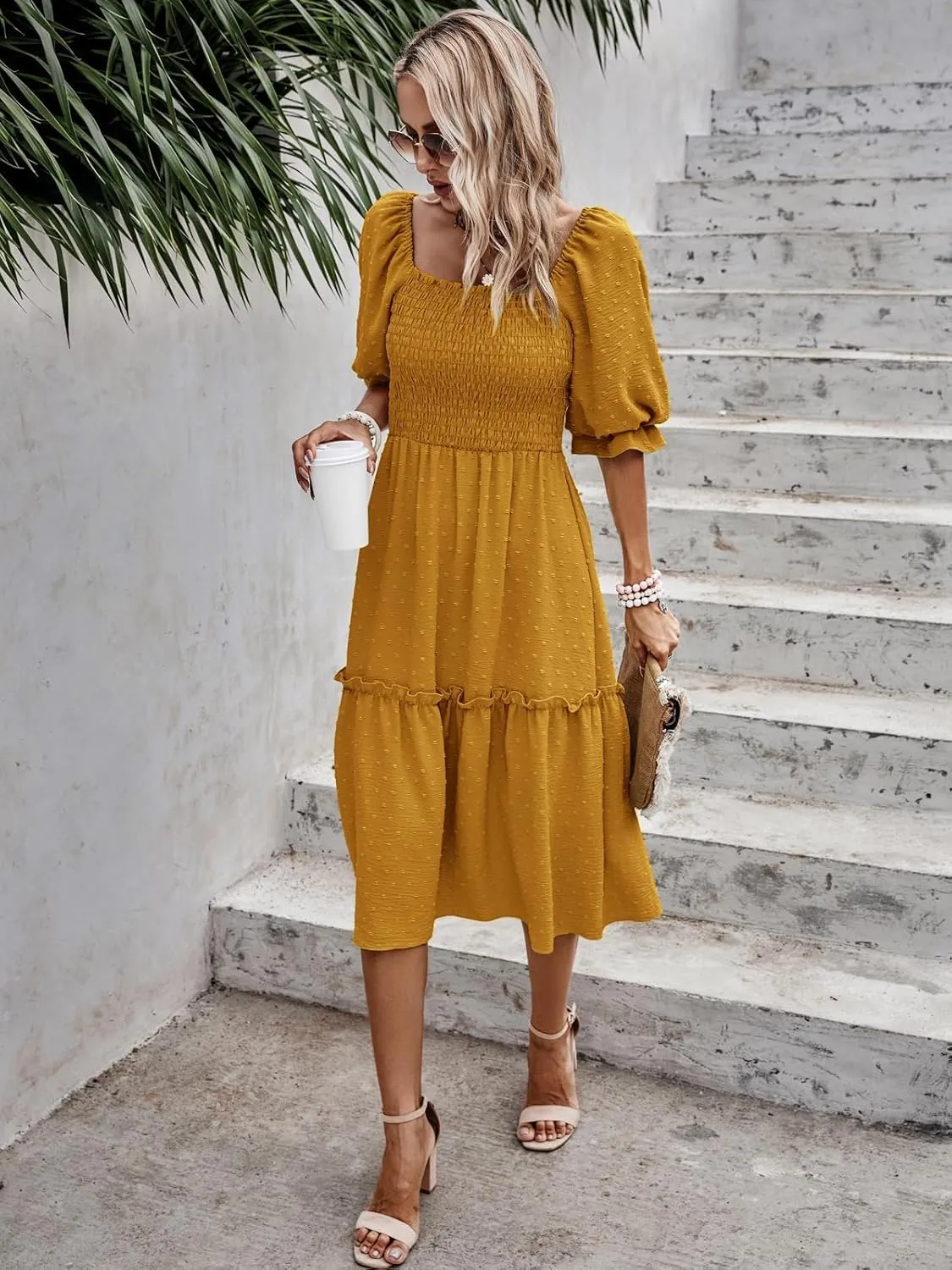 PRETTYGARDEN Women's Summer Casual Dresses 2025 Spring Puff Sleeve Square Neck A-line Flowy Boho Floral Smocked Midi Dress